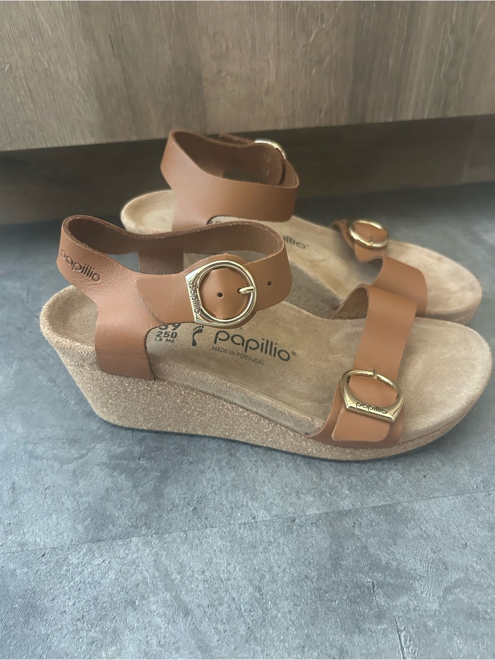 Birkenstock Soley Ring Buckle Wedge Sandals Natural Leather Cognac 39 8-8.5 - Picture 2 of 7